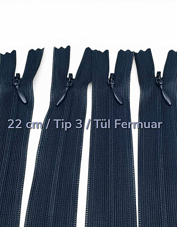 22 cm 8.66" Invisible Zipper with Tulle Tape | For Dresses, Skirts and Inner Pockets | ZPHSN0022TUL