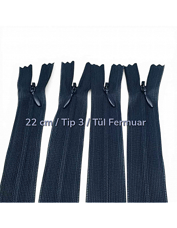 22 cm 8.66" Invisible Zipper with Tulle Tape | For Dresses, Skirts and Inner Pockets | ZPHSN0022TUL