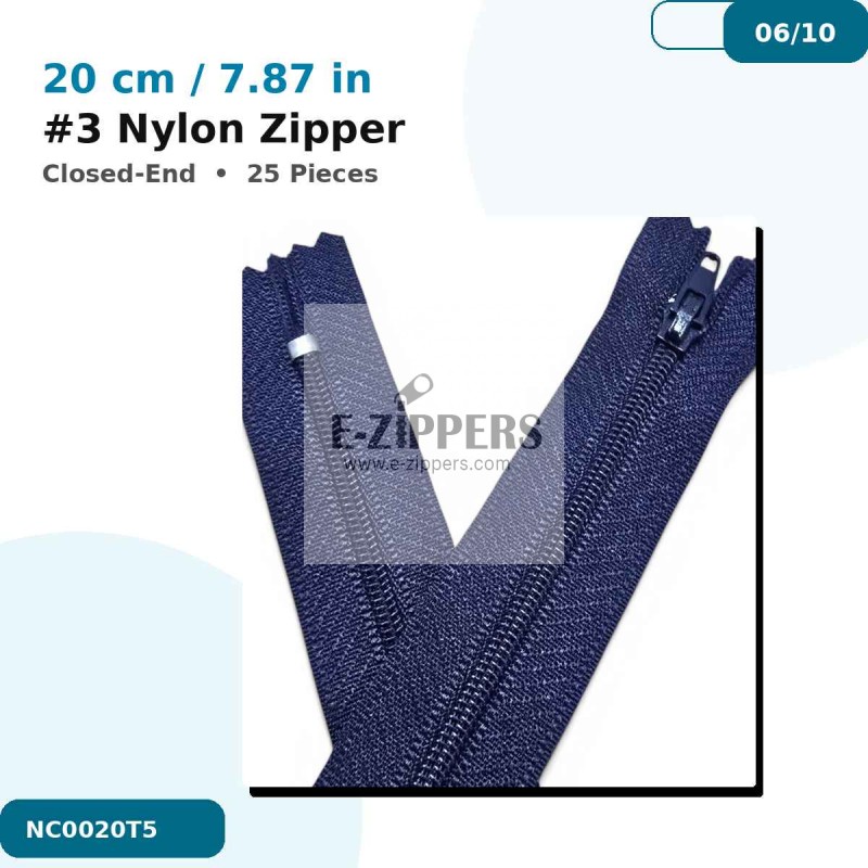 20 cm Nylon #3 Closed-End Pants and Skirt Zipper 25 Pieces NC0020T5
