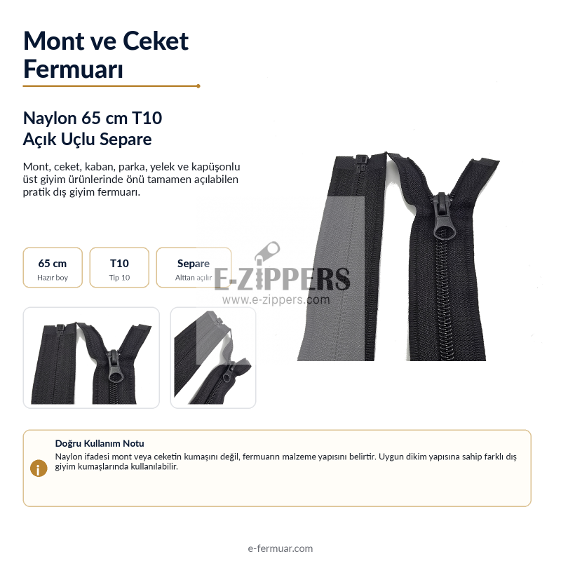 65 cm 25.59" Nylon Jacket Zipper | Open-End Separating Outerwear Zipper | NC0065T10
