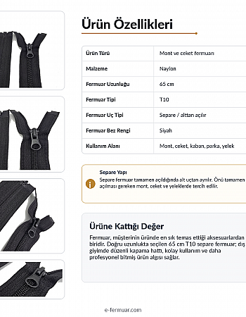 65 cm Naylon Mont Fermuarı | Açık Uçlu Separe Güçlü Kullanım | NC0065T10