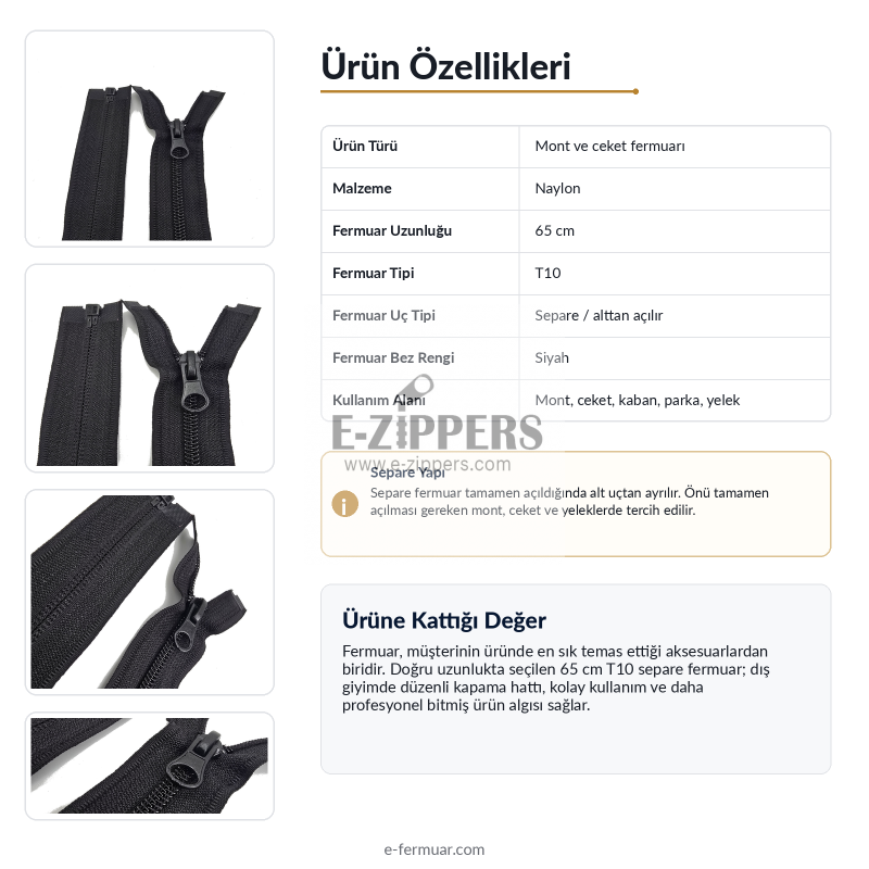 65 cm 25.59" Nylon Jacket Zipper | Open-End Separating Outerwear Zipper | NC0065T10