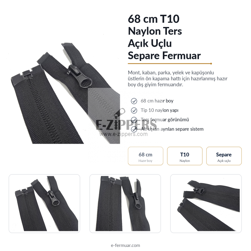 Nylon 68 cm Jacket Zipper Open End (Separate) - NC0068T10