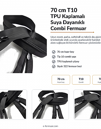 70 cm TPU Su Geçirmez Fermuar | Teknik ve Modern Dış Giyim İçin | NC0070SG