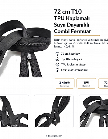 72 cm TPU Su Geçirmez Fermuar | Uzun Teknik Dış Giyim İçin Güçlü Seçim | NC0072SG