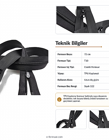 72 cm TPU Su Geçirmez Fermuar | Uzun Teknik Dış Giyim İçin Güçlü Seçim | NC0072SG