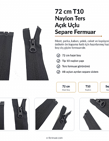 72 cm Naylon Mont Fermuarı | Açık Uçlu Separe Uzun Dış Giyim Modeli | NC0072T10