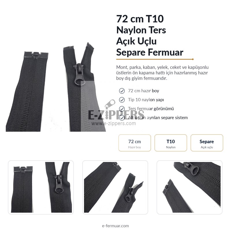 72 cm 28.34" Nylon Jacket Zipper | Long Open-End Outerwear Zipper | NC0072T10