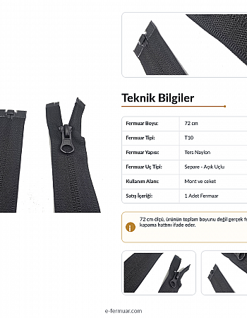 72 cm Naylon Mont Fermuarı | Açık Uçlu Separe Uzun Dış Giyim Modeli | NC0072T10