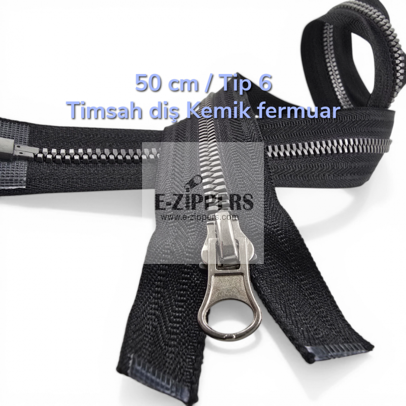 50 cm Timsah Diş Kemik Mont Fermuarı | Açık Uçlu Separe Kısa Model | PR0050T6TMS