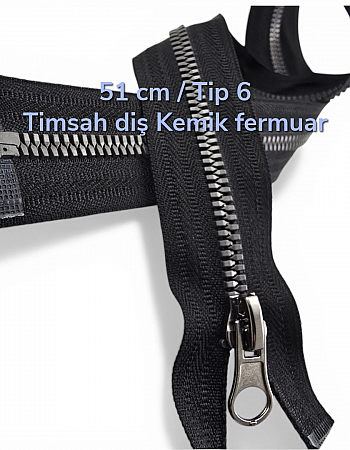 51 cm T6 Timsah Diş  Açık Uçlu Separe Kemik Fermuar  | Mont ve Ceket İçin | PR0051T6TMS