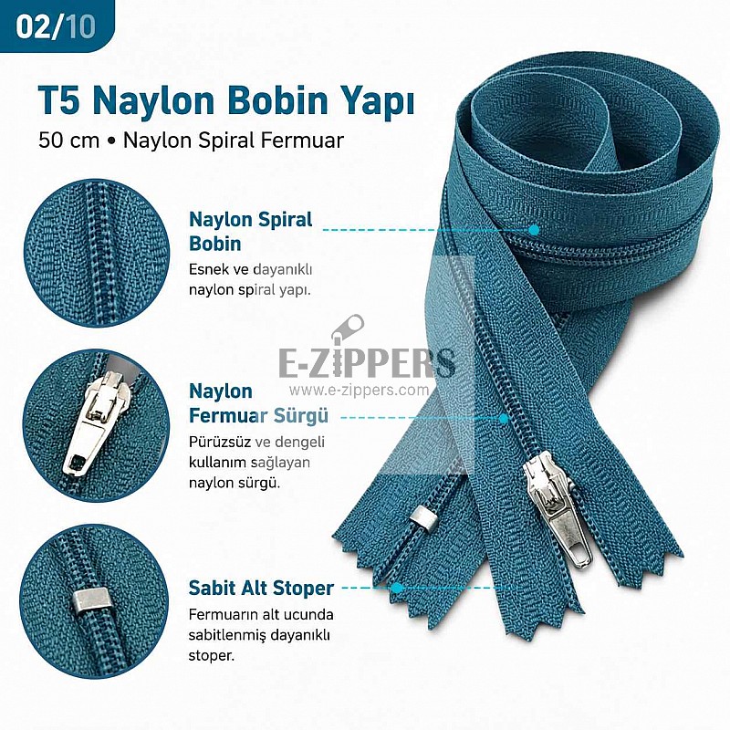 50 cm T5 Mavi Naylon Bobin Dipli Fermuar – Çanta ve Cep Fermuarı ZP0050t5