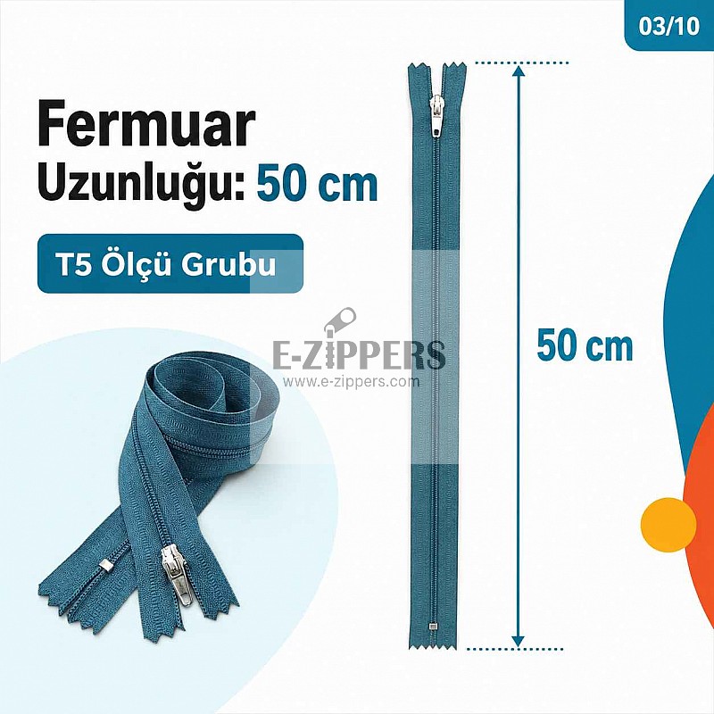 50 cm T5 Mavi Naylon Bobin Dipli Fermuar – Çanta ve Cep Fermuarı ZP0050t5
