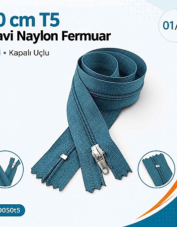50 cm T5 Mavi Naylon Bobin Dipli Fermuar – Çanta ve Cep Fermuarı ZP0050t5M
