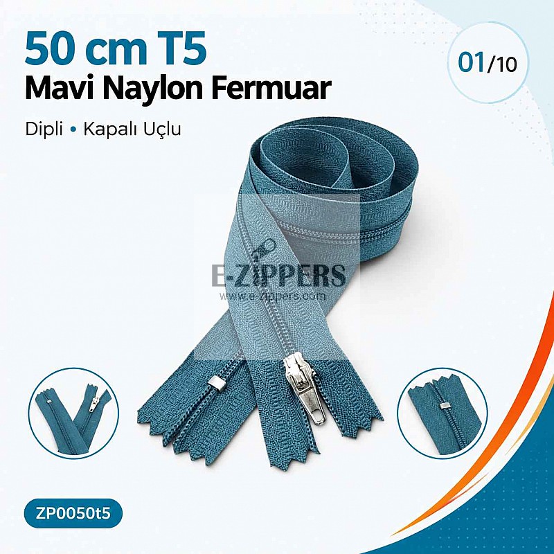 50 cm T5 Mavi Naylon Bobin Dipli Fermuar – Çanta ve Cep Fermuarı ZP0050t5