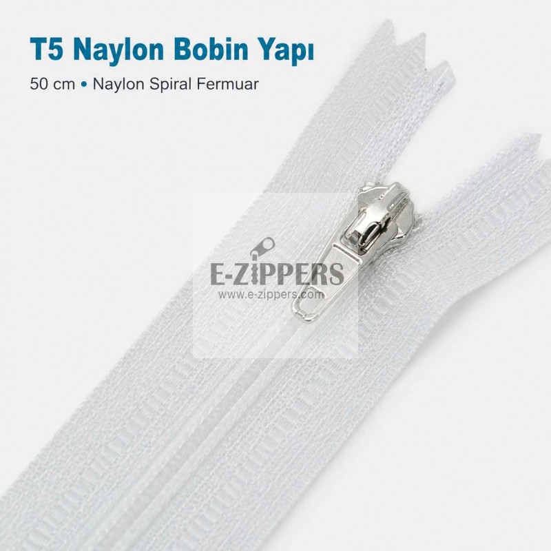 50 cm T5 Beyaz Naylon Bobin Dipli Fermuar – Çanta ve Cep Fermuarı ZP0050t5