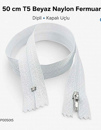 50 cm T5 Beyaz Naylon Bobin Dipli Fermuar – Çanta ve Cep Fermuarı ZP0050t5B