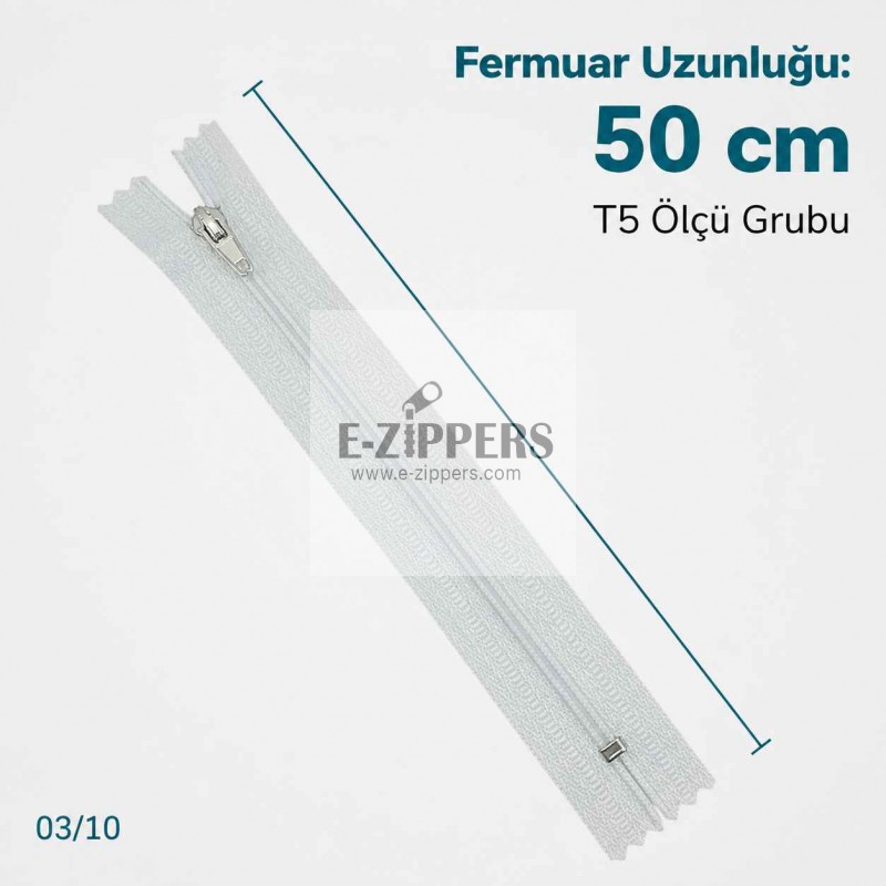 50 cm T5 Beyaz Naylon Bobin Dipli Fermuar – Çanta ve Cep Fermuarı ZP0050t5