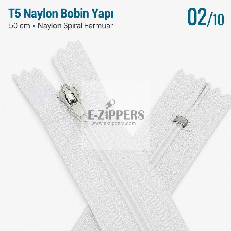 50 cm T5 Beyaz Naylon Bobin Dipli Fermuar – Çanta ve Cep Fermuarı ZP0050t5