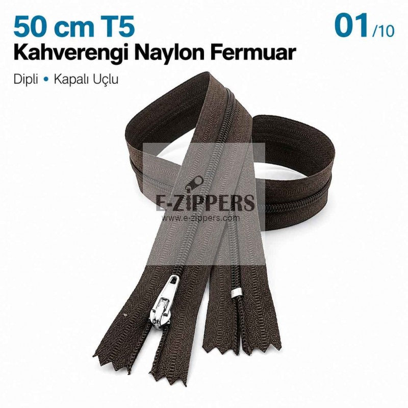 50 cm T5 Kahverengi Naylon Bobin Dipli Fermuar – Çanta, Cep ve Cüzdan Fermuarı ZP0050t5K