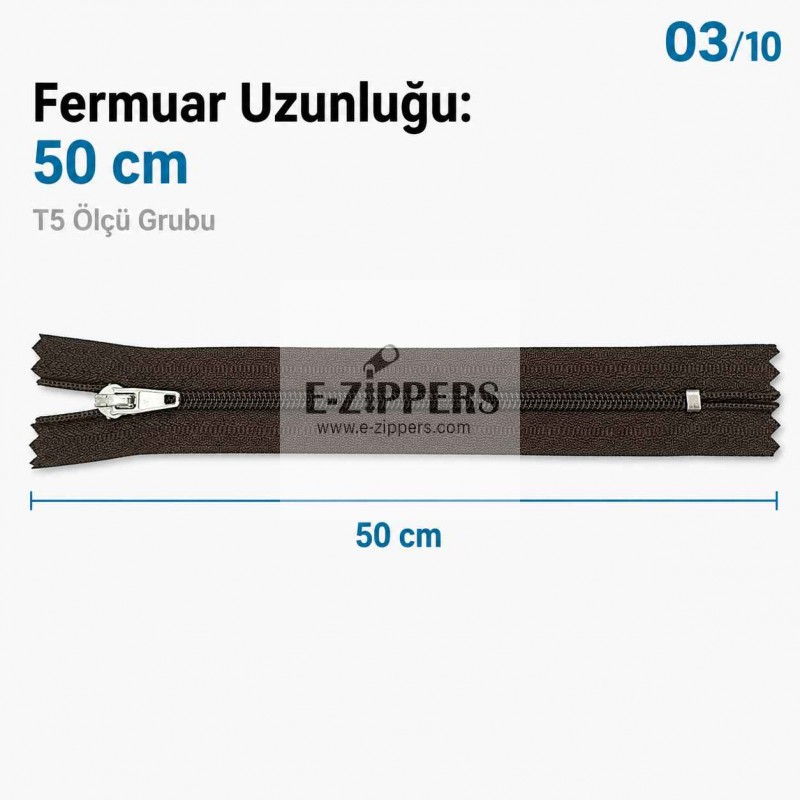 50 cm T5 Kahverengi Naylon Bobin Dipli Fermuar – Çanta, Cep ve Cüzdan Fermuarı ZP0050t5K