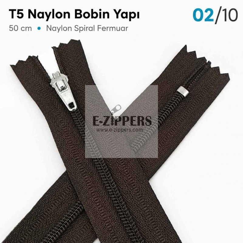 50 cm T5 Kahverengi Naylon Bobin Dipli Fermuar – Çanta, Cep ve Cüzdan Fermuarı ZP0050t5K