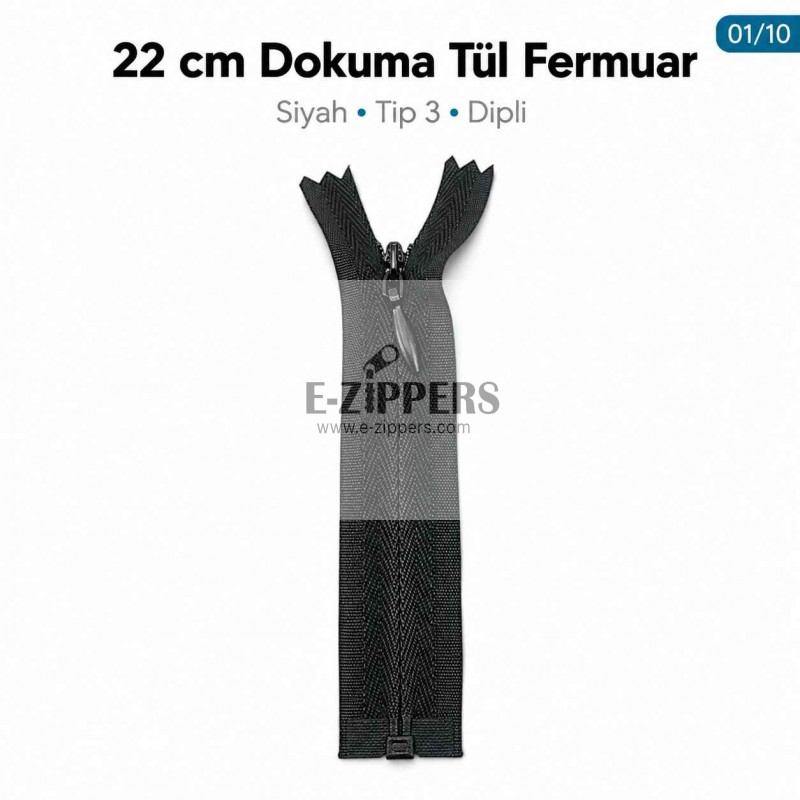 22 cm / 8.661 in Black Woven Tulle Closed-End Invisible Zipper for Dresses, Skirts and Eveningwear – ZPG0022DKM
