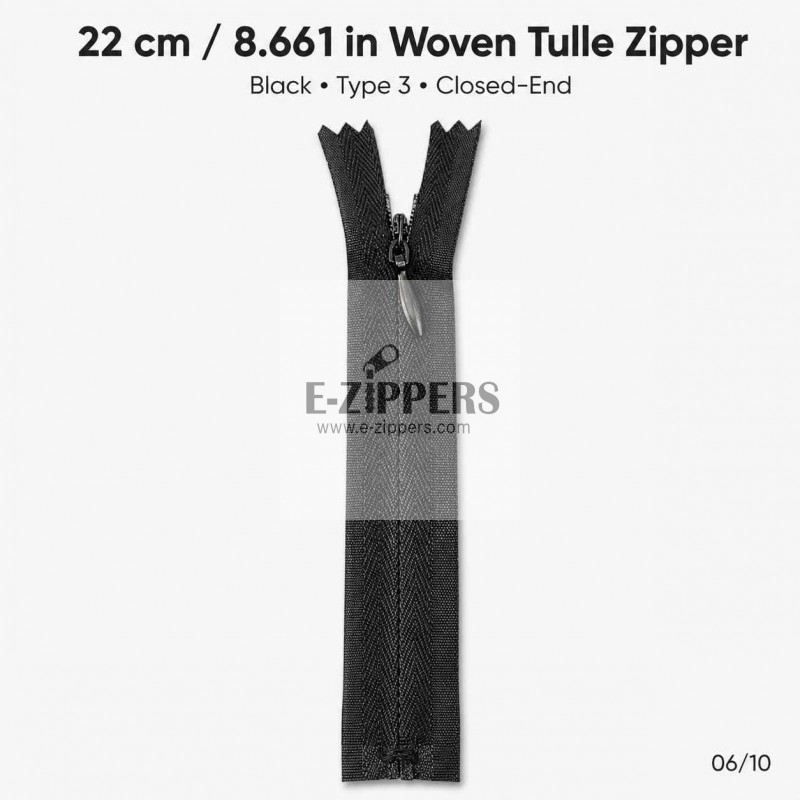 22 cm / 8.661 in Black Woven Tulle Closed-End Invisible Zipper for Dresses, Skirts and Eveningwear – ZPG0022DKM
