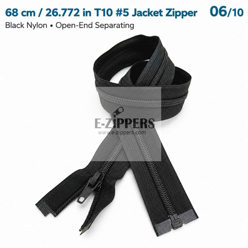 68 cm / 26.772 in T10 #5 Black Nylon Open-End Separating Jacket Zipper – ZPS0068T10