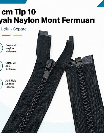74 cm Tip 10 Siyah Naylon Açık Uçlu Separe Mont Fermuarı – Ceket ve Mont Fermuarı ZPS0074T10