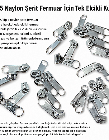 Tip 5 Tek Elcikli Naylon Fermuar Kürsörü – Nikel Zamak KRSTT5