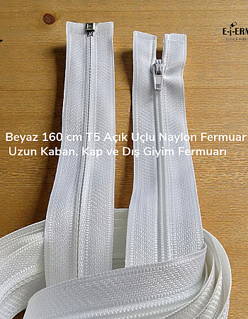 Beyaz 160 cm T5 Açık Uçlu Naylon Fermuar – Uzun Kaban, Kap ve Dış Giyim Fermuarı - Zp00160T5