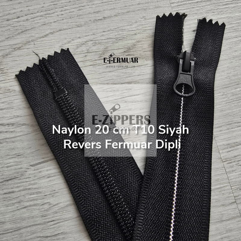 20 cm uzunluğundaki siyah naylon Combi kafa dipli revers fermuar, dayanıklı ve şık.