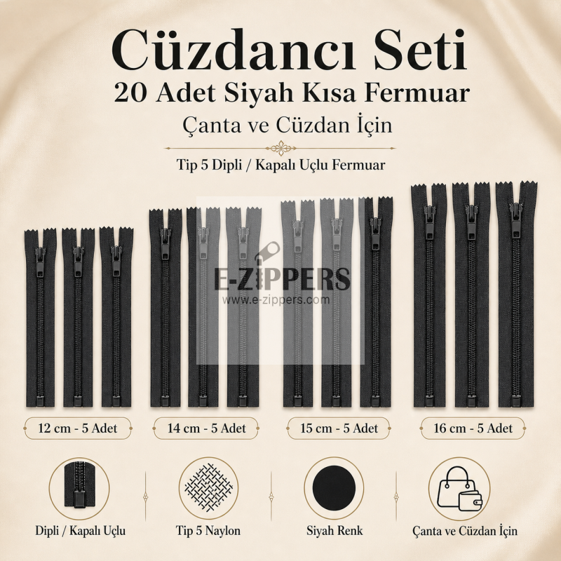 12 14 15 16 cm siyah kısa fermuar seti 20 adet