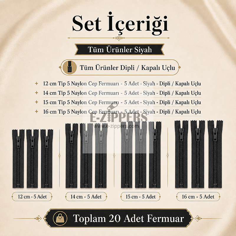 12 14 15 16 cm siyah kısa fermuar seti 20 adet