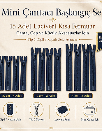 Mini Çantacı Başlangıç Seti –  Kısa Fermuar 15 Adet Lacivert Tip 5 Kapalı Uçlu Fermuar ST-0002T5