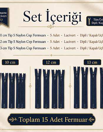Mini Çantacı Başlangıç Seti –  Kısa Fermuar 15 Adet Lacivert Tip 5 Kapalı Uçlu Fermuar ST-0002T5