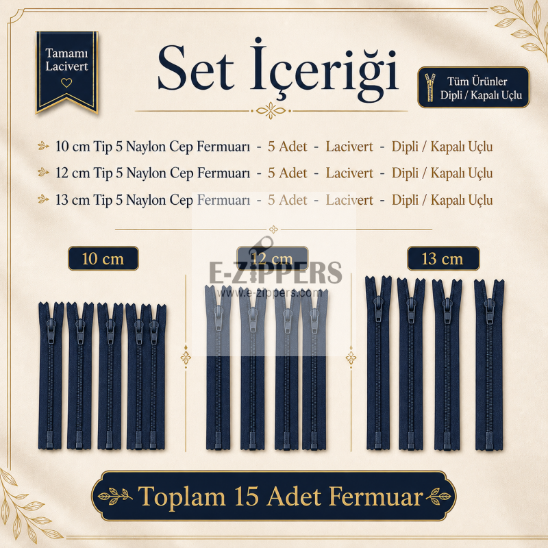 Mini Çantacı Başlangıç Seti –  Kısa Fermuar 15 Adet Lacivert Tip 5 Kapalı Uçlu Fermuar ST-0002T5