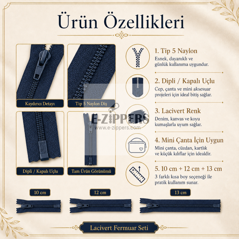 Mini Çantacı Başlangıç Seti –  Kısa Fermuar 15 Adet Lacivert Tip 5 Kapalı Uçlu Fermuar ST-0002T5