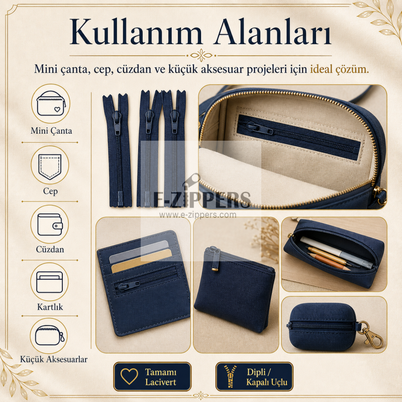 Mini Çantacı Başlangıç Seti –  Kısa Fermuar 15 Adet Lacivert Tip 5 Kapalı Uçlu Fermuar ST-0002T5