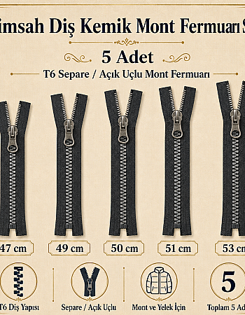 Timsah Diş Kemik Mont Fermuarı Seti 5 Adet  – 47–53 cm Kısa Mont ve Ceket İçin -ST-0003T5