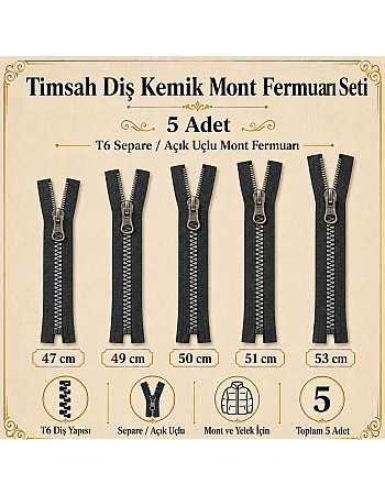 Timsah Diş Kemik Mont Fermuarı Seti 5 Adet  – 47–53 cm Kısa Mont ve Ceket İçin -ST-0003T5