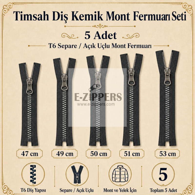 Crocodile Tooth Bone Jacket Zipper Set, 5 Pieces – For 47-53 cm Short Jackets and Coats -ST-0003T5