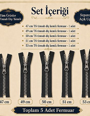 Timsah Diş Kemik Mont Fermuarı Seti 5 Adet  – 47–53 cm Kısa Mont ve Ceket İçin -ST-0003T5