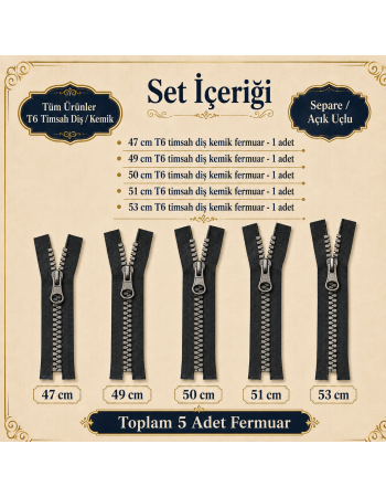 Timsah Diş Kemik Mont Fermuarı Seti 5 Adet  – 47–53 cm Kısa Mont ve Ceket İçin -ST-0003T5