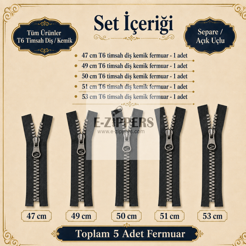 Crocodile Tooth Bone Jacket Zipper Set, 5 Pieces – For 47-53 cm Short Jackets and Coats -ST-0003T5