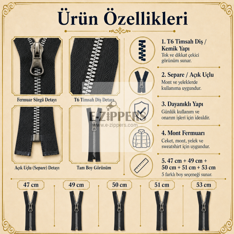 Crocodile Tooth Bone Jacket Zipper Set, 5 Pieces – For 47-53 cm Short Jackets and Coats -ST-0003T5