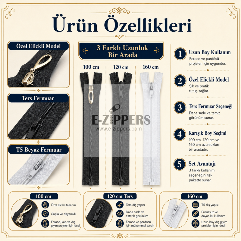 Terzi ve Ferace Atölyeleri İçin Uzun Fermuar Seti –  Hazır Tamir ve Üretim Paketi 3 Adet - ST-0005T5