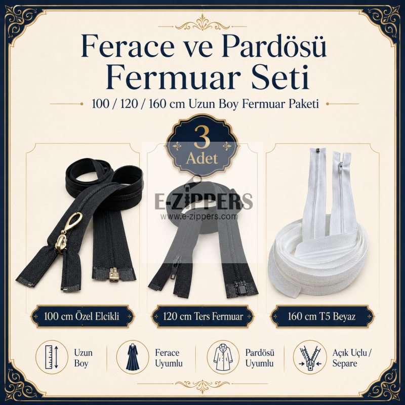 Terzi ve Ferace Atölyeleri İçin Uzun Fermuar Seti –  Hazır Tamir ve Üretim Paketi 3 Adet - ST-0005T5