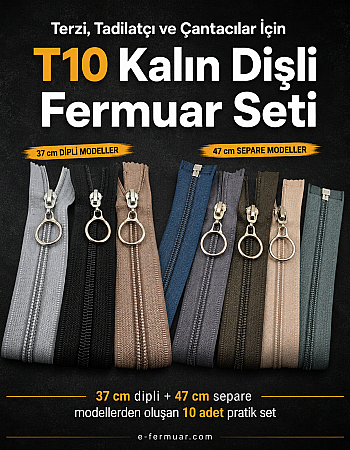 Terzi, Tadilatçı ve Çantacılar İçin Kalın Dişli T10  Fermuar Seti – 37 / 47 cm – 10 Adet - ST-0006T10